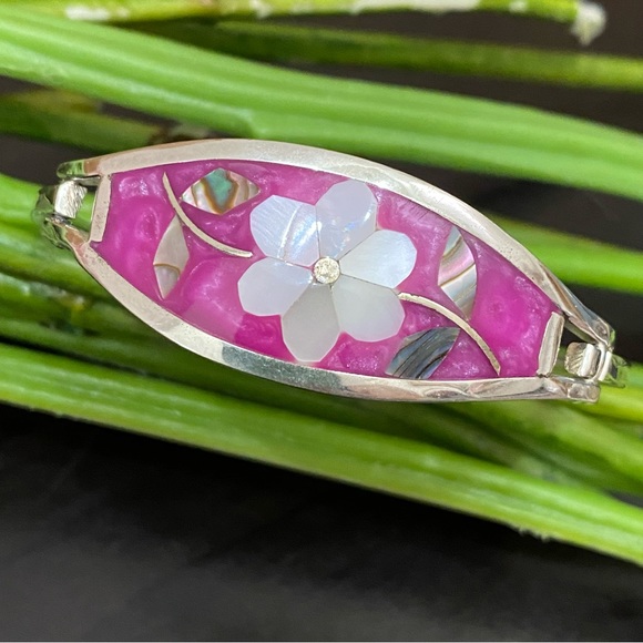 Vintage Alpaca Mexico Mexican Silver Mother of Pearl Inlaid ID Cuff Bracelet - Picture 2 of 13